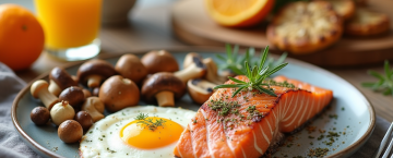 Table de petit déjeuner avec saumon grillé et œufs frais