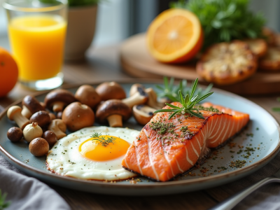 Table de petit déjeuner avec saumon grillé et œufs frais