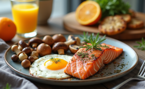 Table de petit déjeuner avec saumon grillé et œufs frais