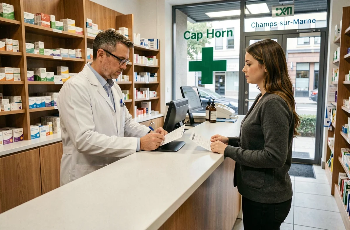 Pharmacien conseillant une patiente dans une pharmacie du quartier Cap Horn à Champs-sur-Marne