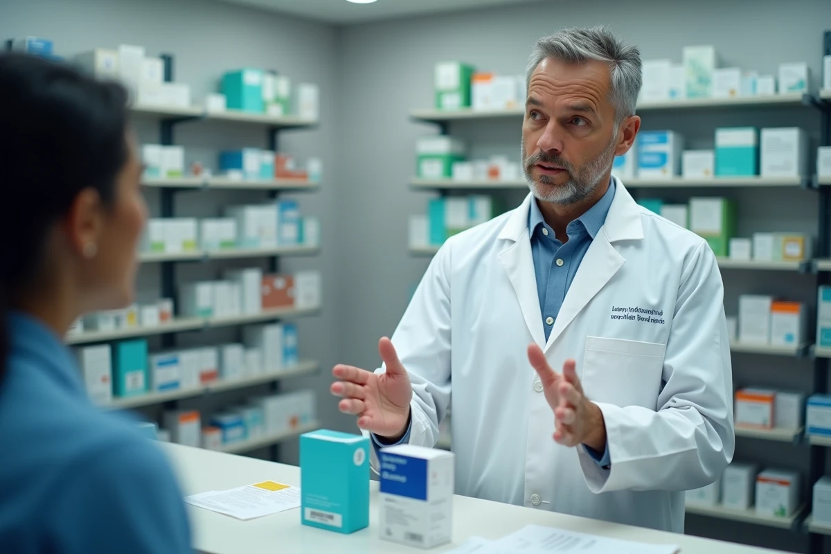 Pharmacien expliquant les précautions d'utilisation combinée d'un anti-inflammatoire et d'un antibiotique à un patient au comptoir