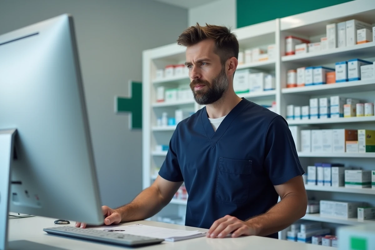 Pharmacien consultant la messagerie MSSanté sur ordinateur derrière le comptoir d'une pharmacie moderne