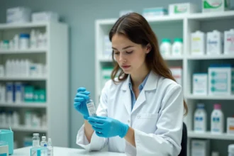 Pharmacienne préparant un sérum physiologique pour nébulisation dans une pharmacie équipée