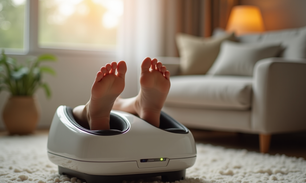 Pieds dans un masseur électrique moderne dans un salon cosy