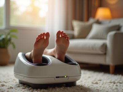 Pieds dans un masseur électrique moderne dans un salon cosy