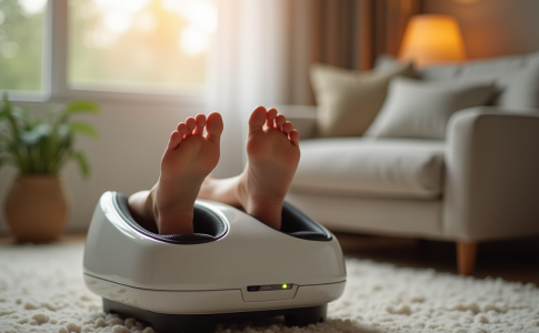 Pieds dans un masseur électrique moderne dans un salon cosy