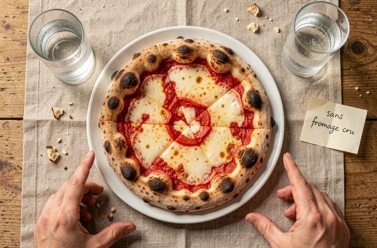 Pizza Margherita au restaurant commandée par une femme enceinte avec attention aux ingrédients