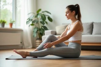 Femme faisant un point du pied en position assise sur un tapis de yoga pour stimuler la circulation sanguine