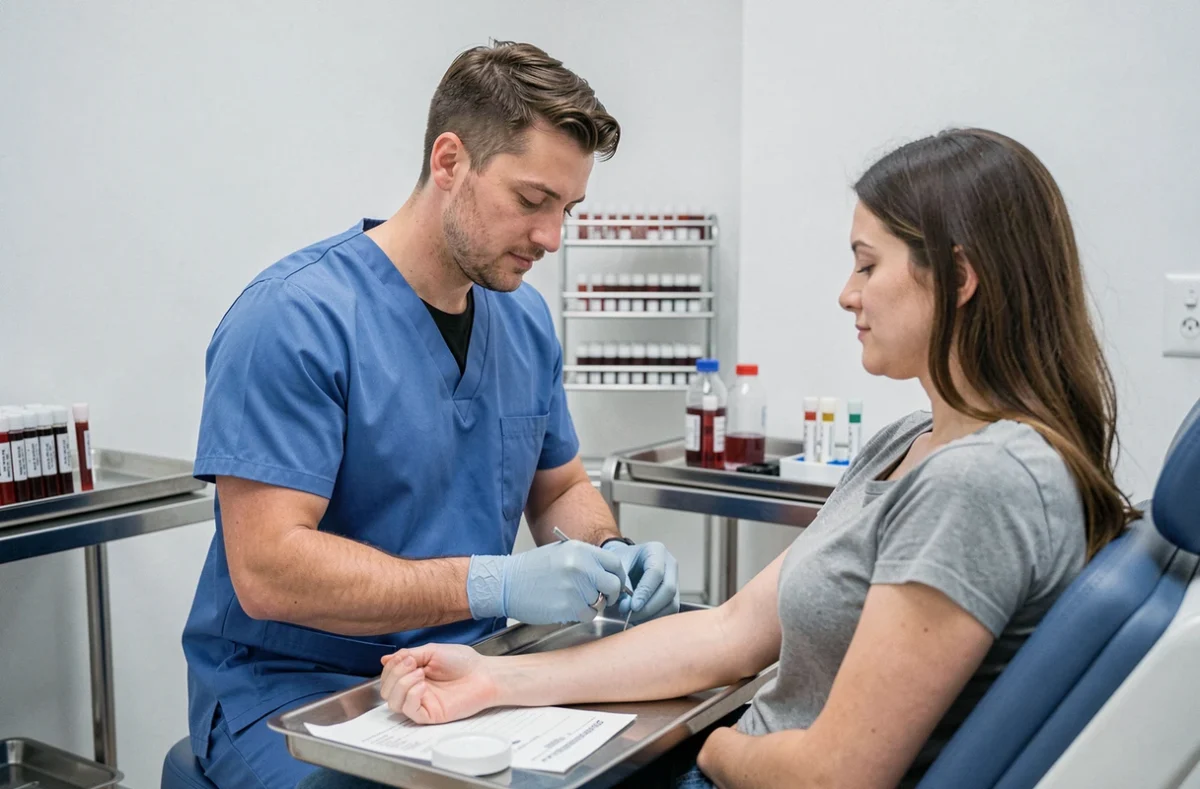 Prélèvement sanguin en laboratoire pour un bilan complet du fer incluant ferritine, transferrine et numération formule sanguine