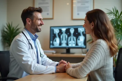 Neurochirurgien consultant une patiente dans son cabinet à Tours lors d'une première consultation