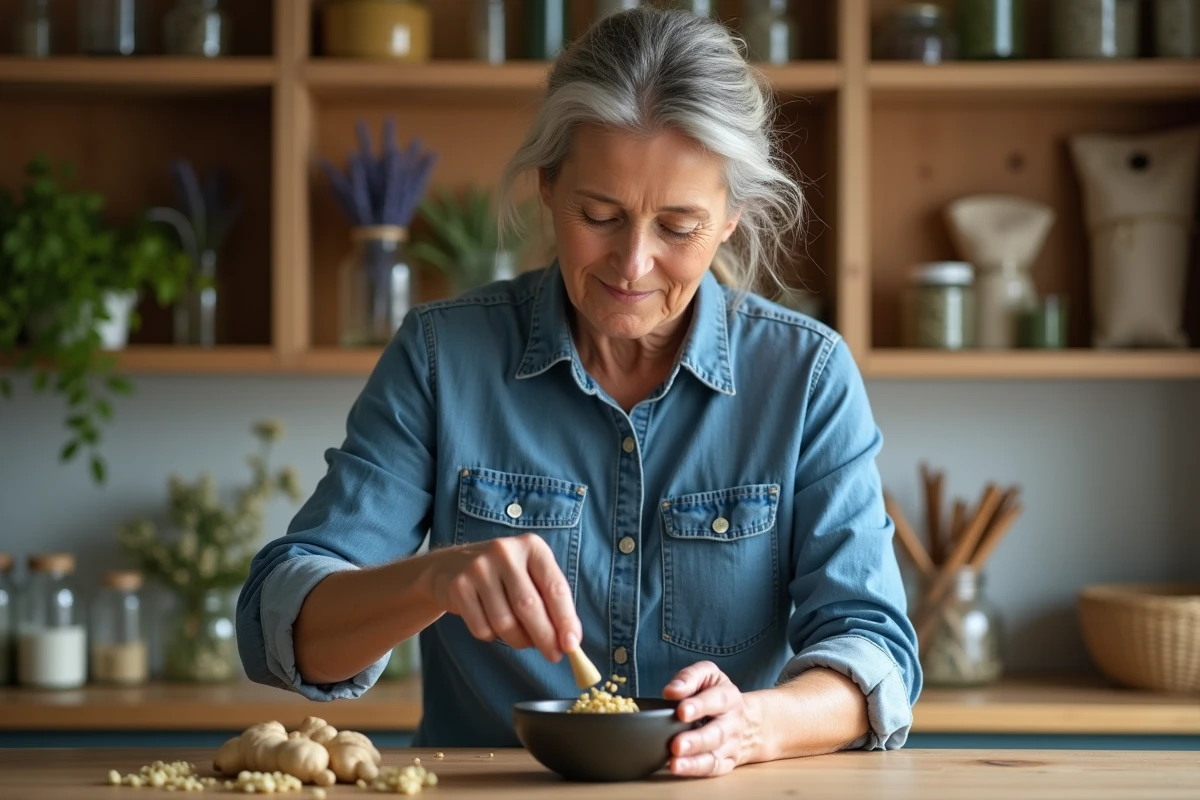 Femme préparant un remède naturel aux herbes pour soulager les fourmillements et la paresthésie