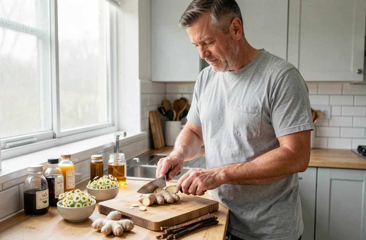 Homme préparant des remèdes naturels à base de gingembre et de plantes pour soulager le reflux gastrique