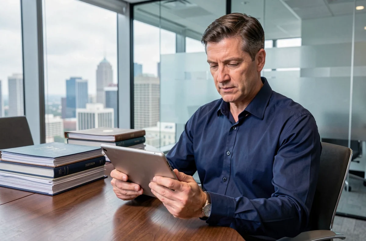 Professionnel du droit consultant le blog Medicys sur une tablette dans une salle de réunion juridique moderne