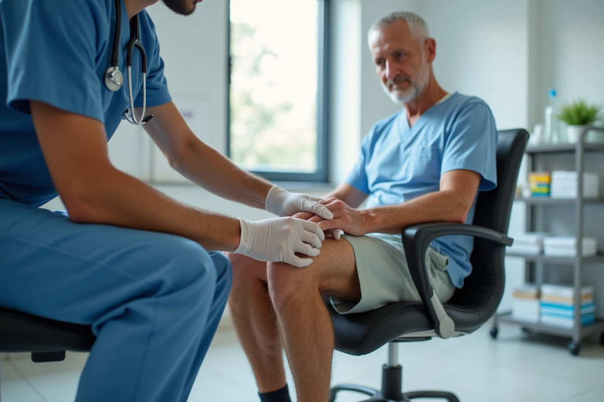 Professionnel de santé marquant la jambe d