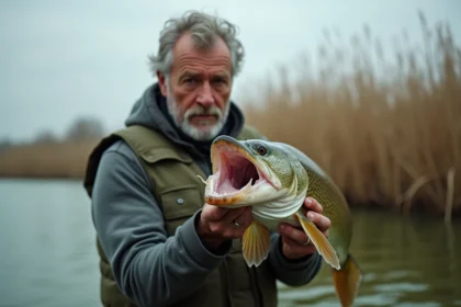 Pêcheur tenant un brochet par la mâchoire avec une pince lip grip pour éviter la morsure des dents