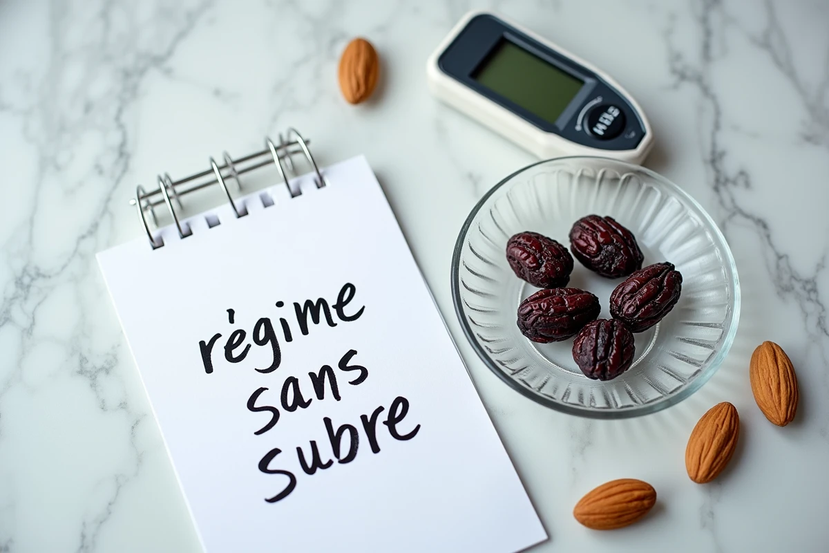 Plateau avec pruneaux, glucomètre et cahier de régime sans sucre sur un comptoir en marbre, symbolisant les inconvénients des pruneaux en régime low carb