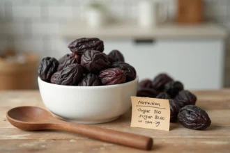 Bol de pruneaux séchés sur une table en bois avec étiquette nutritionnelle indiquant la teneur en sucre, dans une cuisine moderne