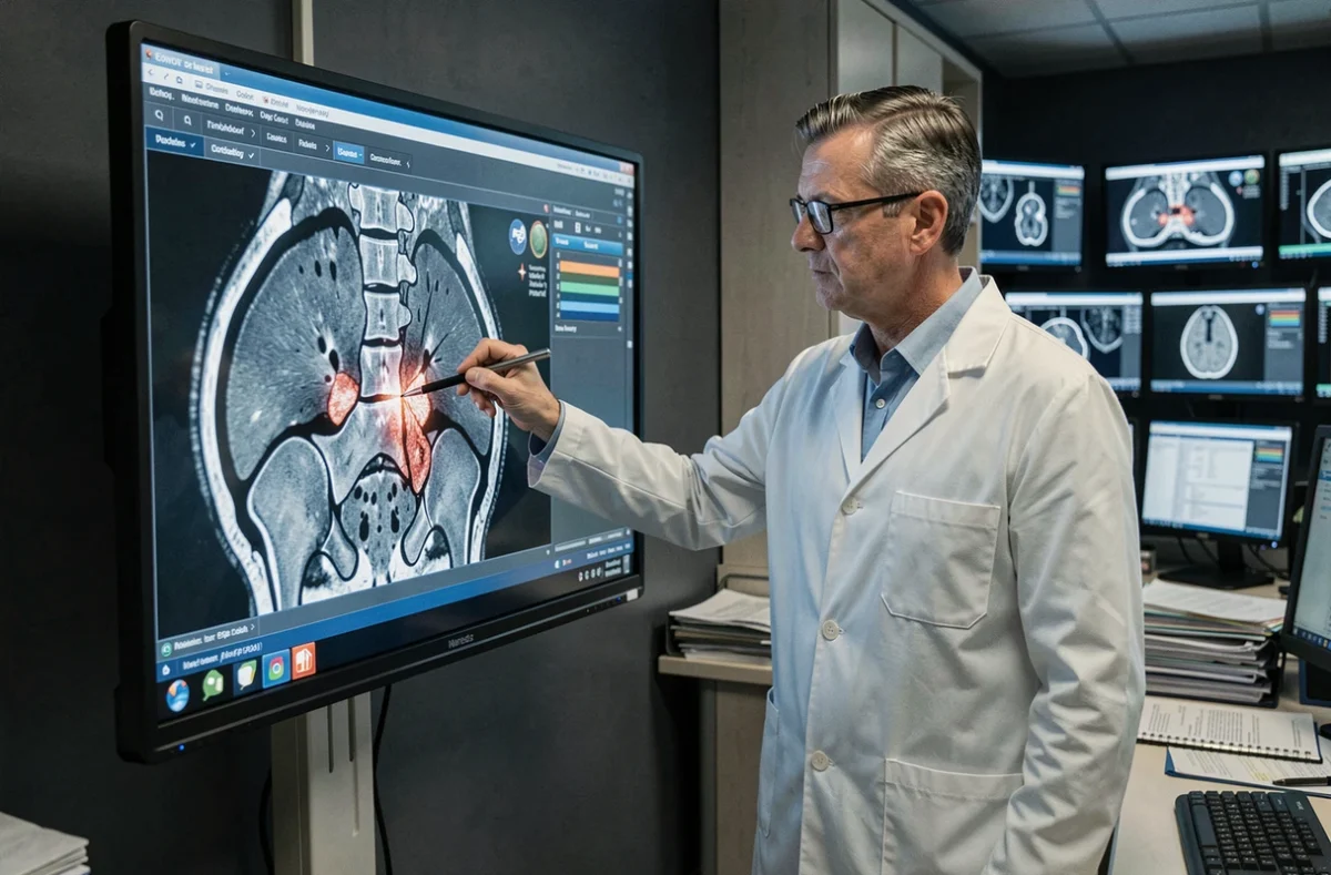 Radiologue analysant une IRM de la région lombaire et du sacrum sur un écran de diagnostic médical