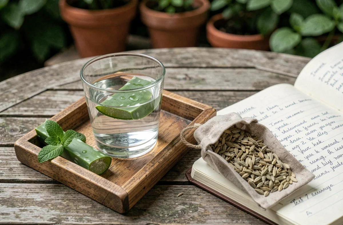 Remèdes naturels contre le reflux gastrique avec aloe vera, menthe et fenouil disposés sur un plateau en bois rustique