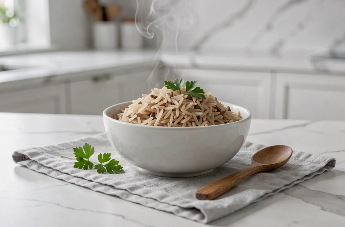 Bol de riz brun basmati cuit avec de la vapeur sur un plan de travail en marbre dans une cuisine moderne et épurée