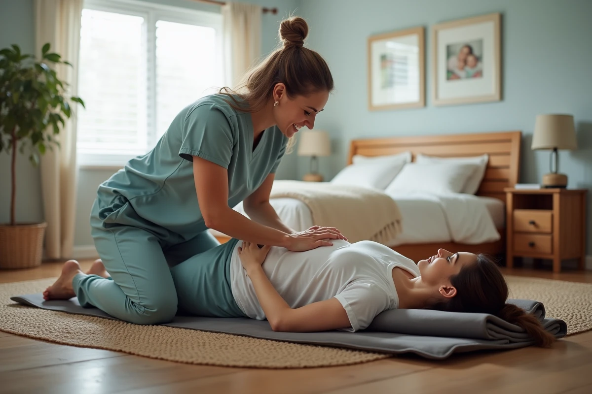 Sage-femme pratique massage doux sur femme enceinte à la maison