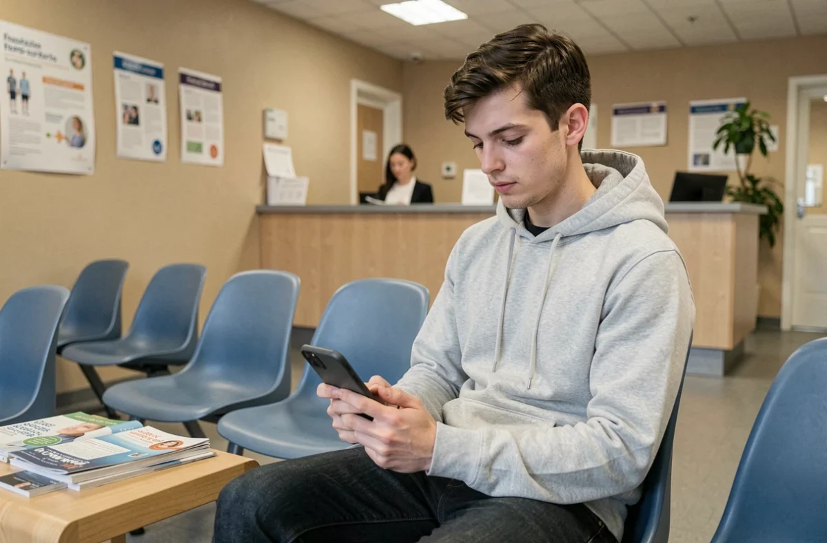 Patient attendant son rendez-vous médical dans la salle d'attente d'un centre de santé à Champs-sur-Marne