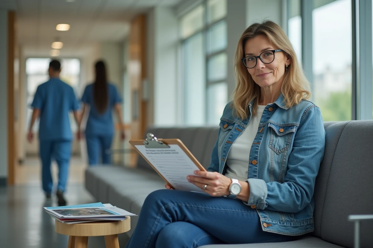 Patiente remplissant un formulaire médical en salle d'attente avant une consultation en neurochirurgie