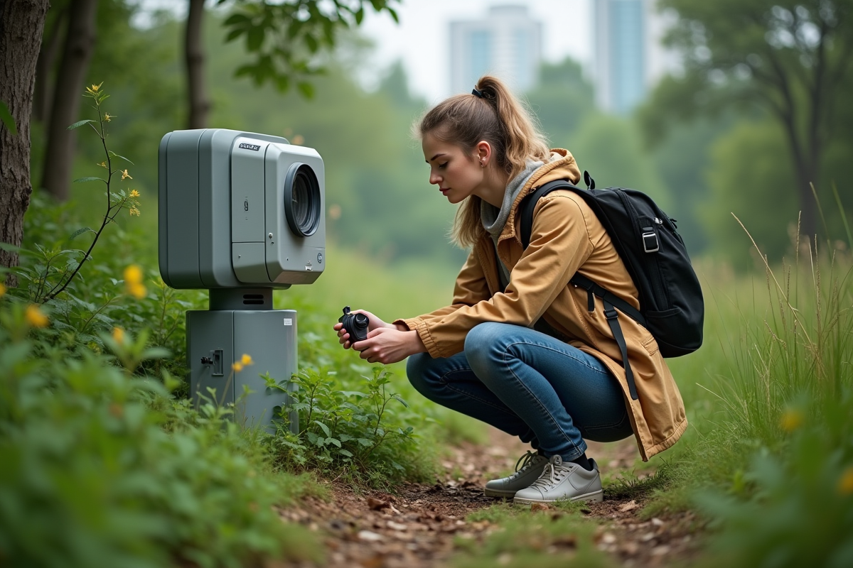 Jeune scientifique ajustant un capteur dans la nature urbaine