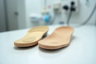 Semelle orthopédique sur mesure pour pied plat posée à côté d'une semelle standard, comparaison des deux types d'orthèses plantaires