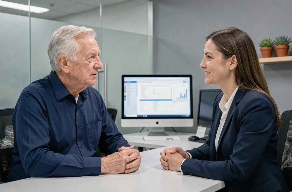 Senior homme consultant un conseiller en assurance ECA dans un bureau professionnel, illustrant l'accompagnement pour les aînés