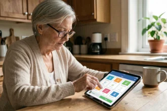 Senior femme utilisant une application de suivi du diabète sur tablette dans sa cuisine