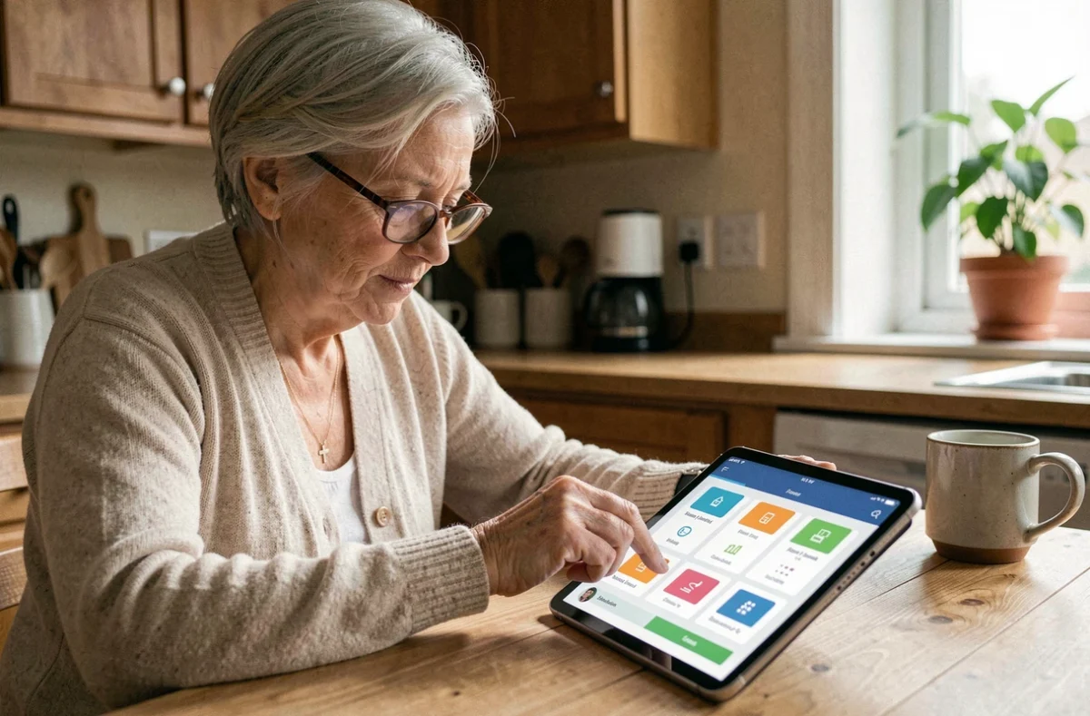 Senior femme utilisant une application de suivi du diabète sur tablette dans sa cuisine