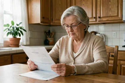 Senior femme examinant des documents d'assurance ECA à la table de cuisine, illustrant la protection pour les seniors