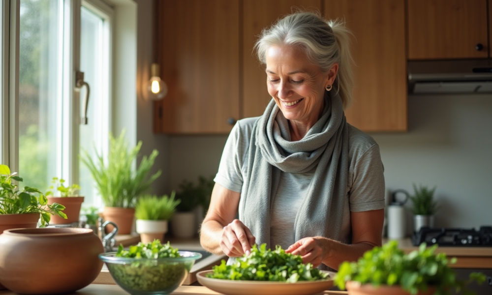 Femme senior souriante prépare une salade dans la cuisine