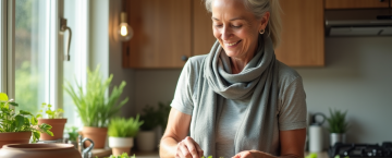 Femme senior souriante prépare une salade dans la cuisine