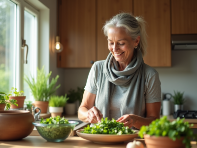 Femme senior souriante prépare une salade dans la cuisine