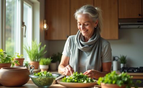 Femme senior souriante prépare une salade dans la cuisine