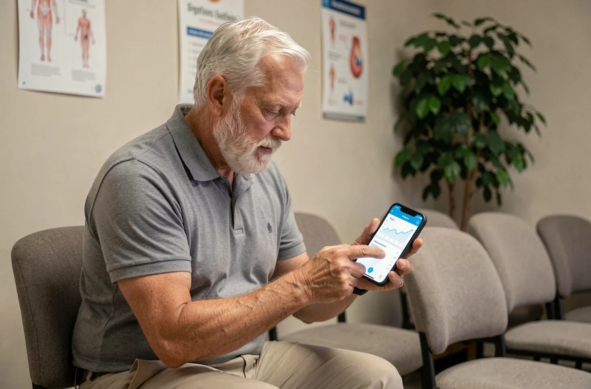 Senior homme consultant une application santé diabète sur smartphone en salle d'attente médicale