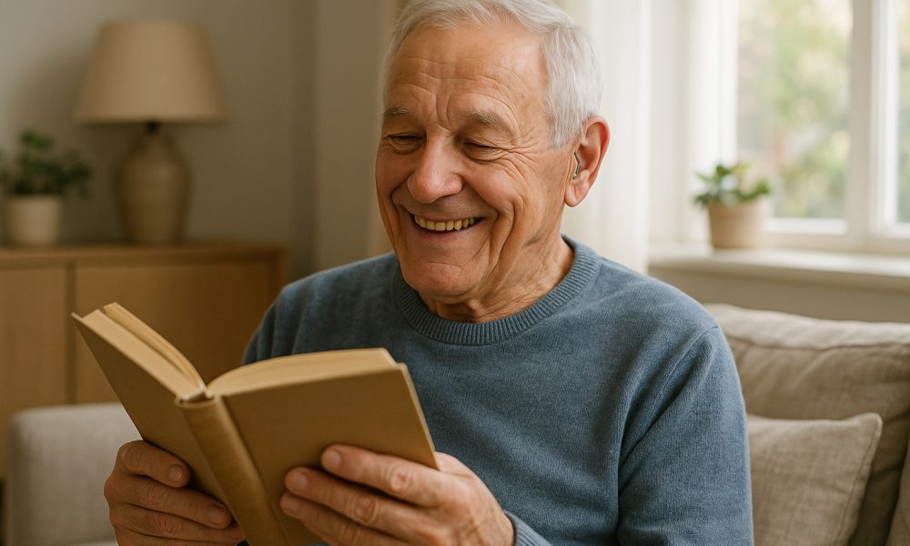 Homme senior souriant lisant un livre dans son salon avec aide auditive discrète