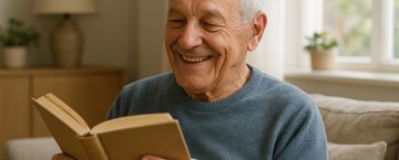 Homme senior souriant lisant un livre dans son salon avec aide auditive discrète