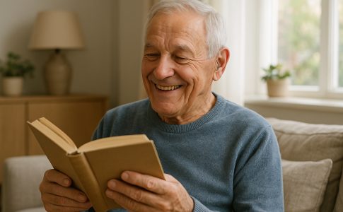 Homme senior souriant lisant un livre dans son salon avec aide auditive discrète