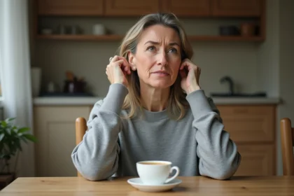 Femme tenant sa main contre l'oreille gauche en raison d'un sifflement, assise dans une cuisine, expression préoccupée