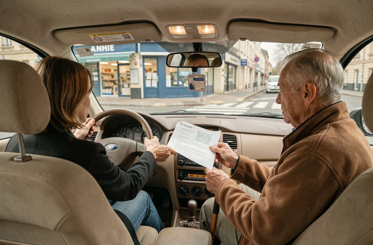 Passager âgé avec canne dans un taxi conventionné recevant un document de transport médical de la conductrice