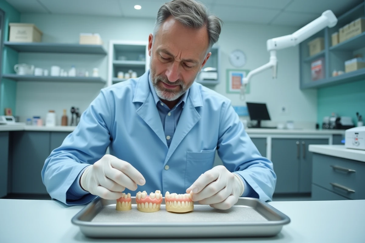 Technicien dentaire inspectant des couronnes en laboratoire