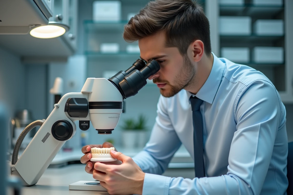 Technicien dentaire examinant une pont en céramique au laboratoire