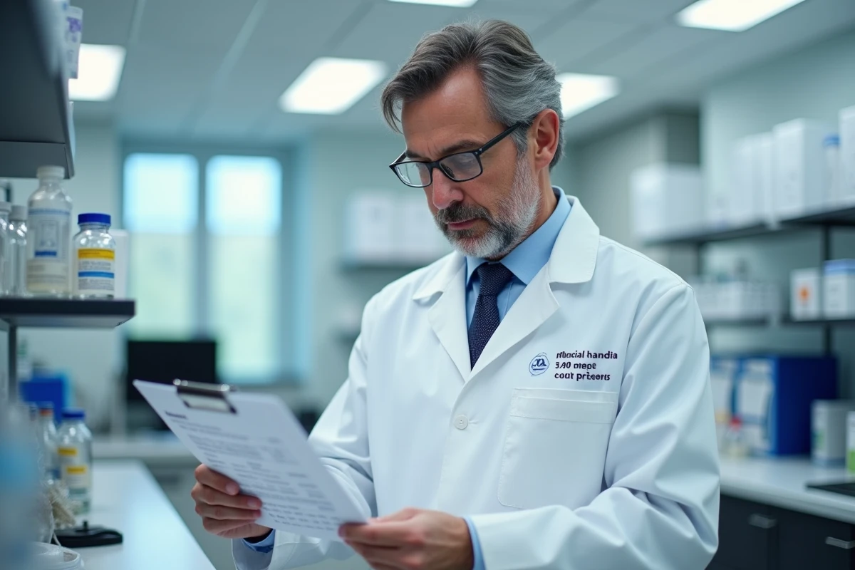 Technicien de laboratoire homme en blouse blanche examine un graphique médical
