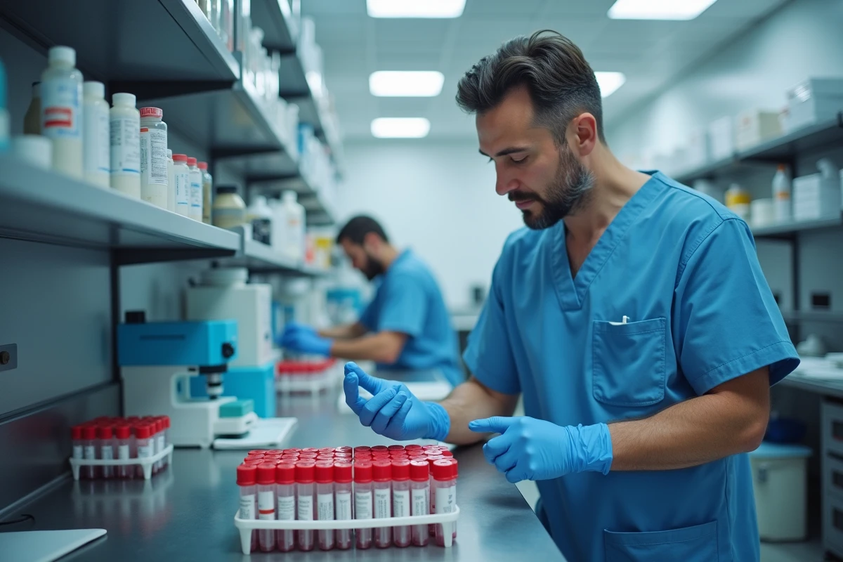 Technicien de laboratoire médical manipulant des tubes d'échantillons sanguins pour analyse de la formule sanguine complète