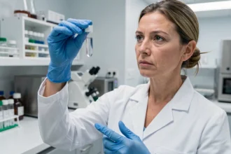 Technicienne de laboratoire examinant un tube d'urine en milieu clinique pour analyse de bilurine