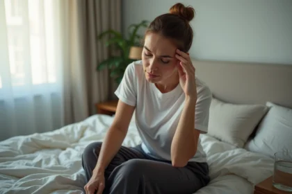 Femme fatiguée assise sur un lit tenant sa tête entre ses mains, illustrant une sensation de tête lourde et de vertige au réveil