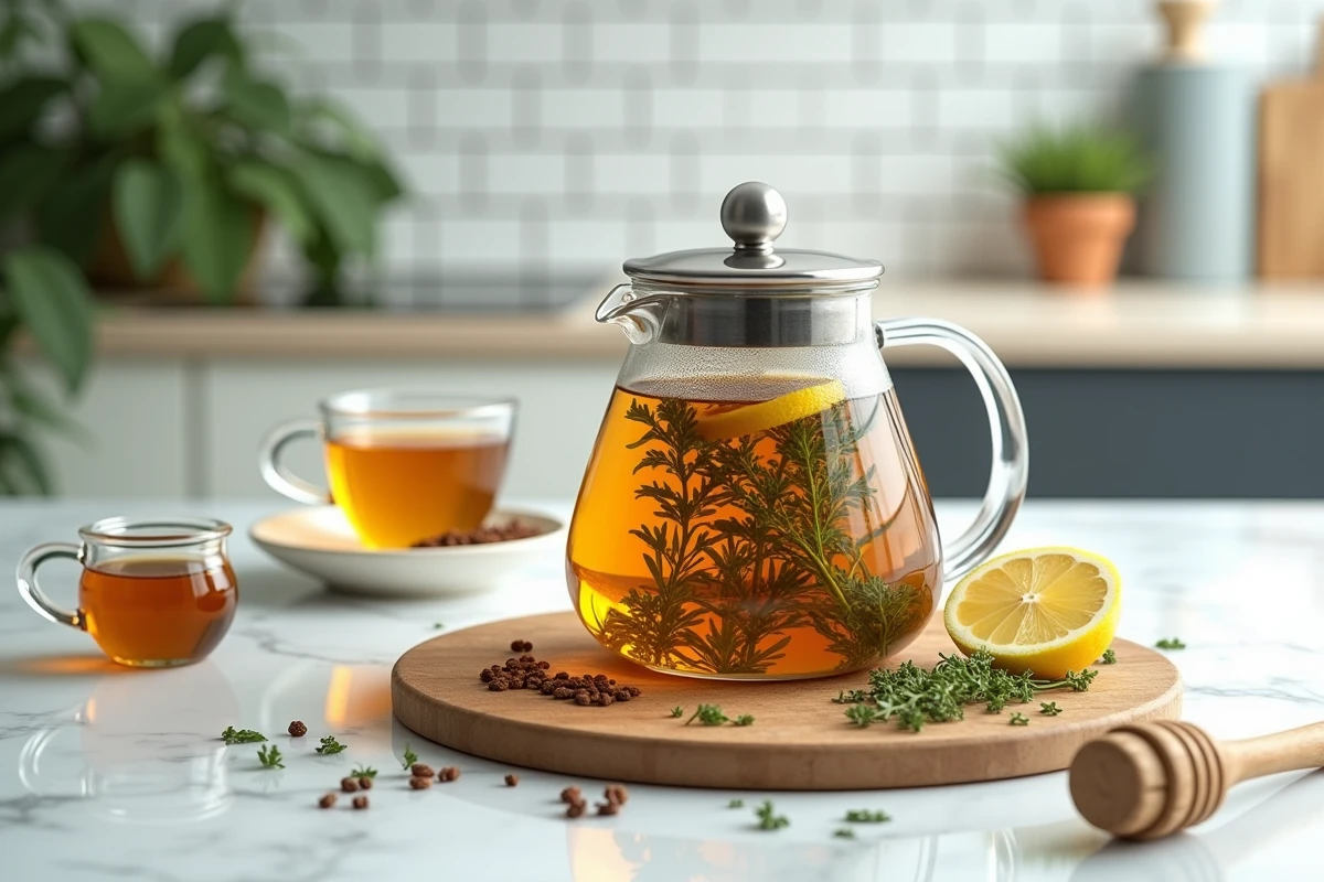 Théière en verre avec infusion de thym et citron sur un comptoir en marbre dans une cuisine moderne